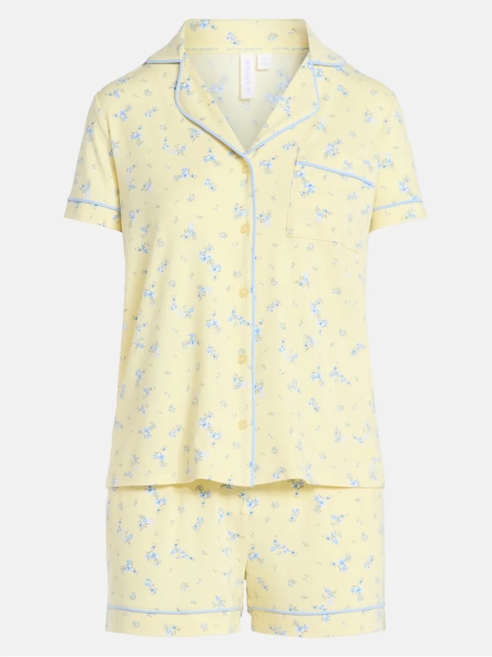 Women's Yellow Floral Short Pajama Set with Light Blue Piping